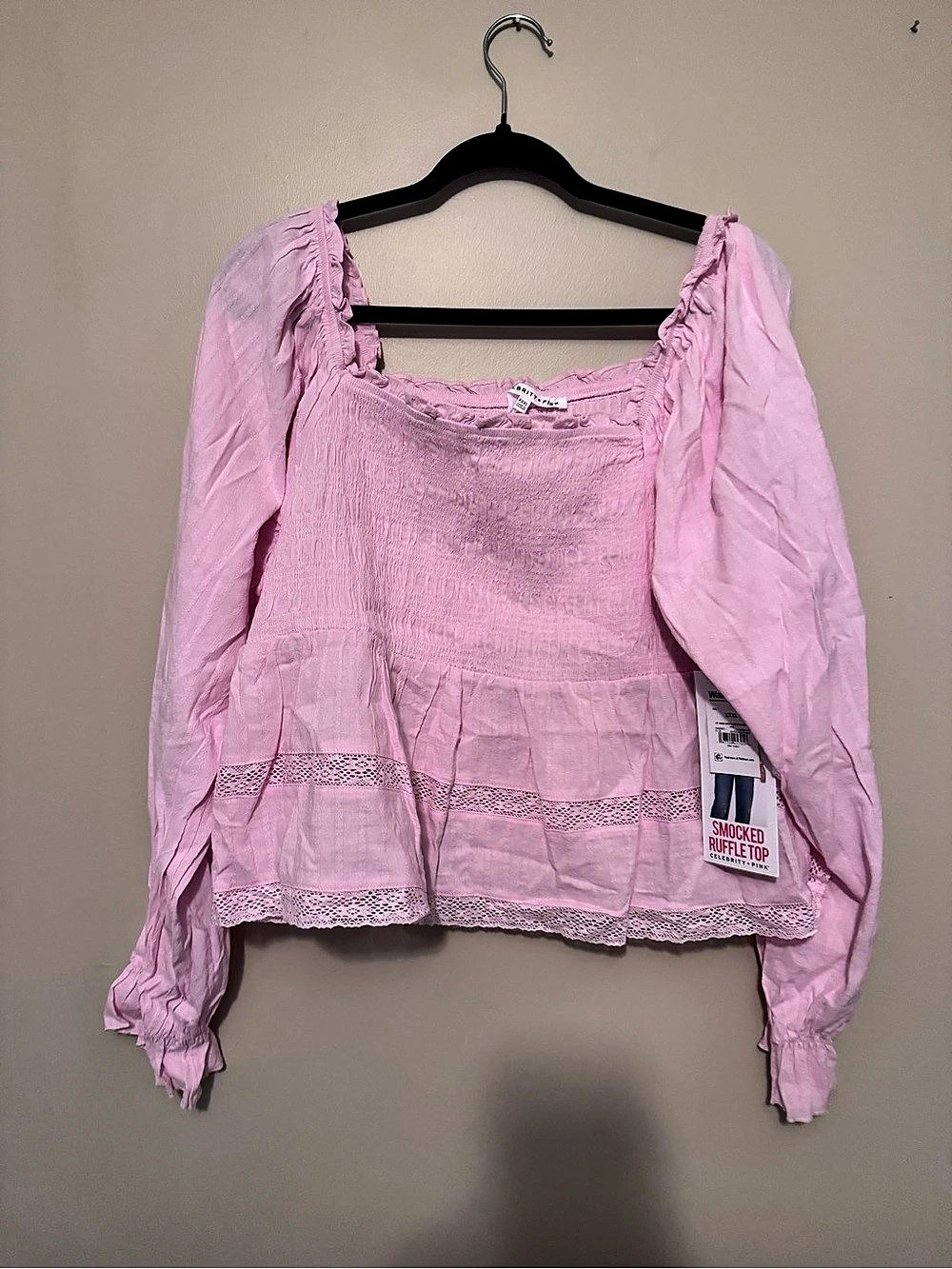 Brittany Pink Smocked Long Sleeve Blouse in Pink Size XXXL NWT